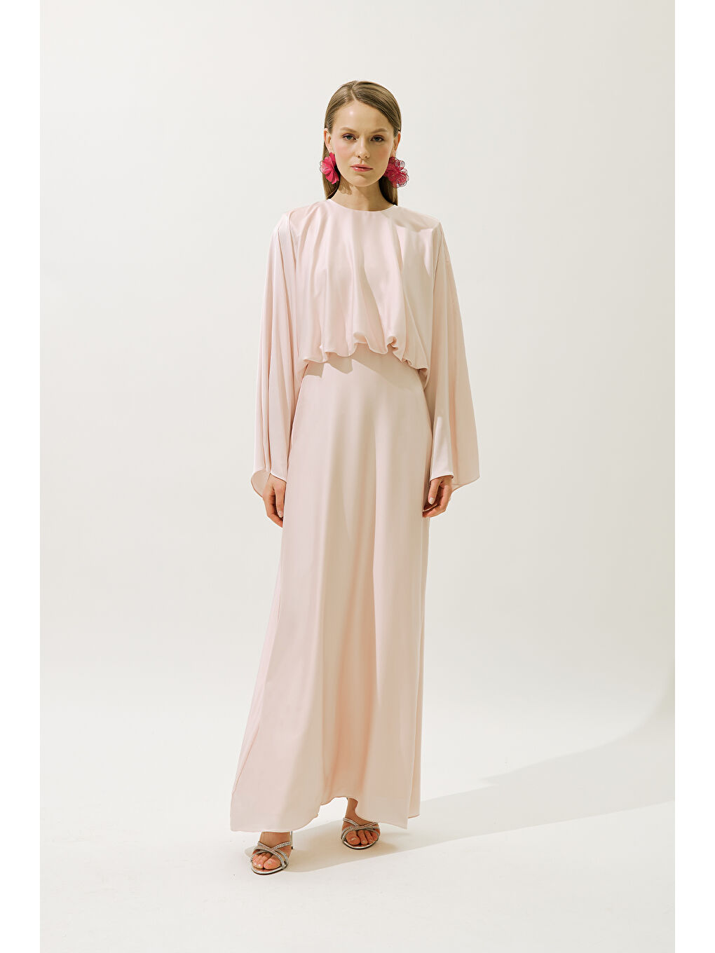 Pembe Adele Saten Abiye Elbise Pudra-1