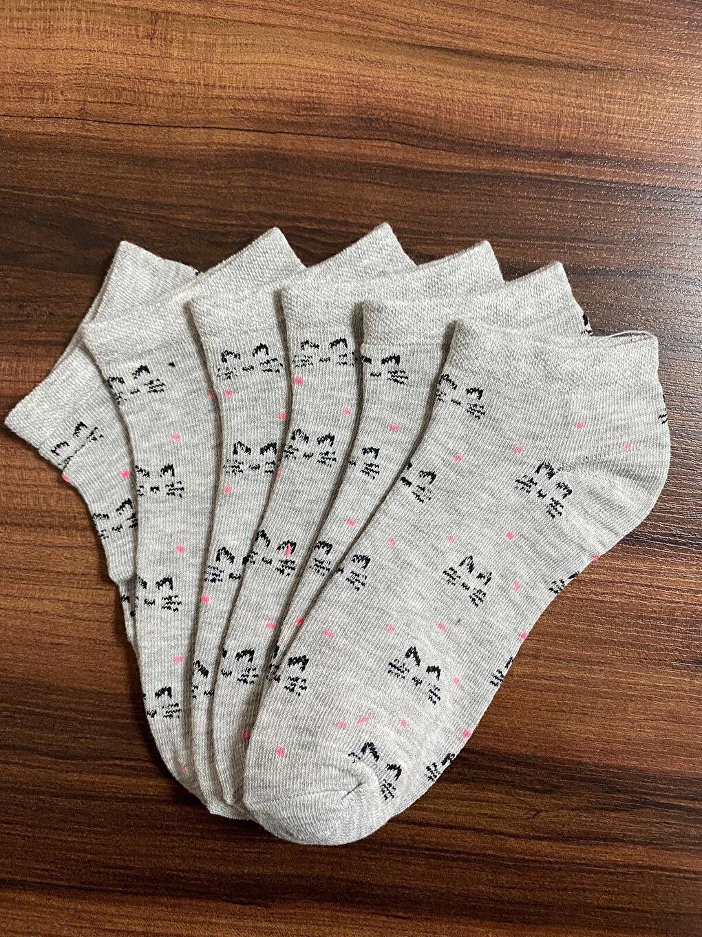 12'li Kadın Gri Kedi Desenli Pamuklu Rahat Patik Çorap-2