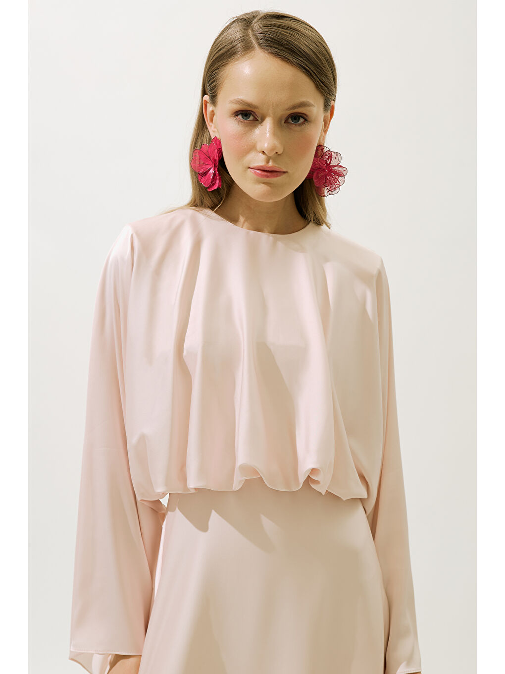 Pembe Adele Saten Abiye Elbise Pudra-2