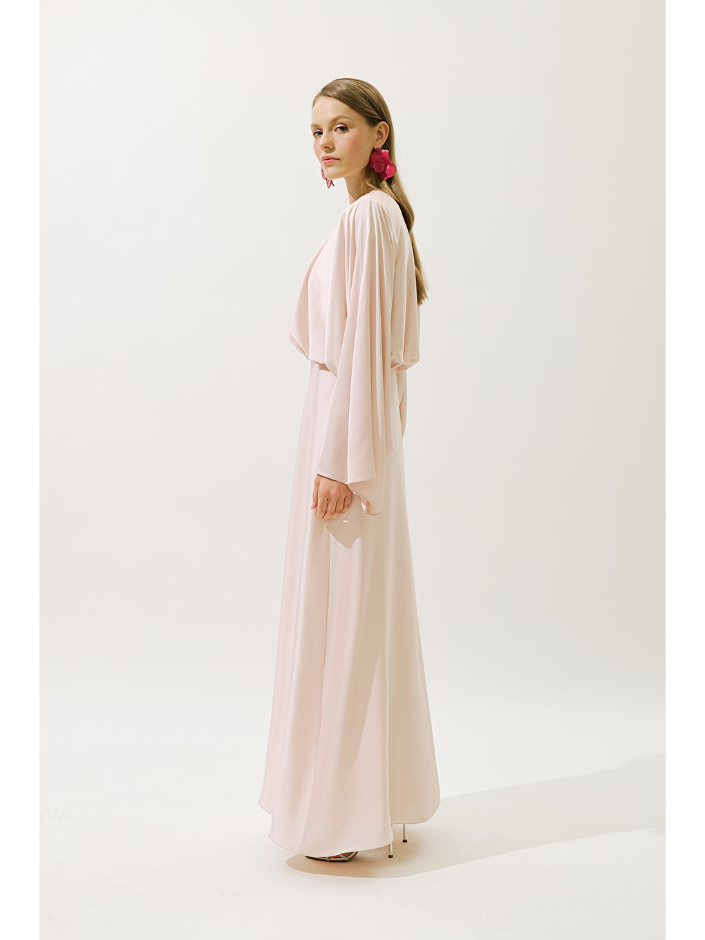Pembe Adele Saten Abiye Elbise Pudra-5