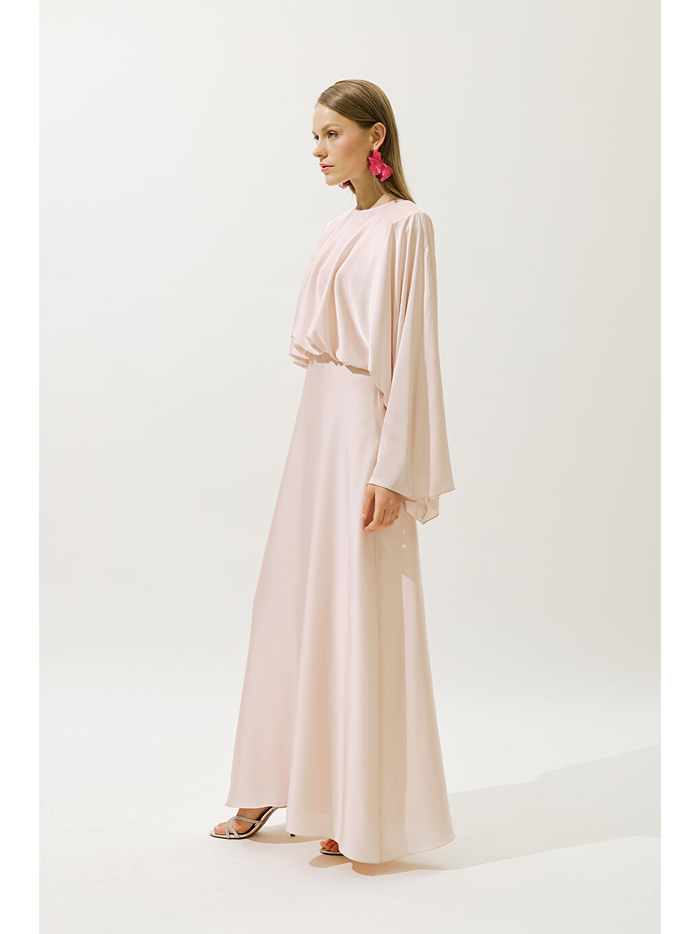 Pembe Adele Saten Abiye Elbise Pudra-6