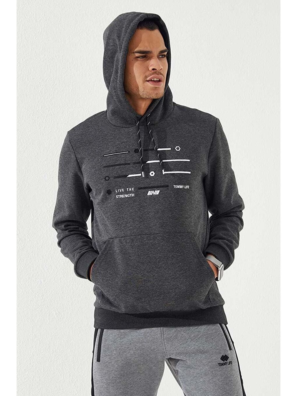 TOMMYLIFE Antrasit Melanj Şerit Nakışlı Standart Kalıp Kapüşonlu Erkek Sweatshirt - 87885