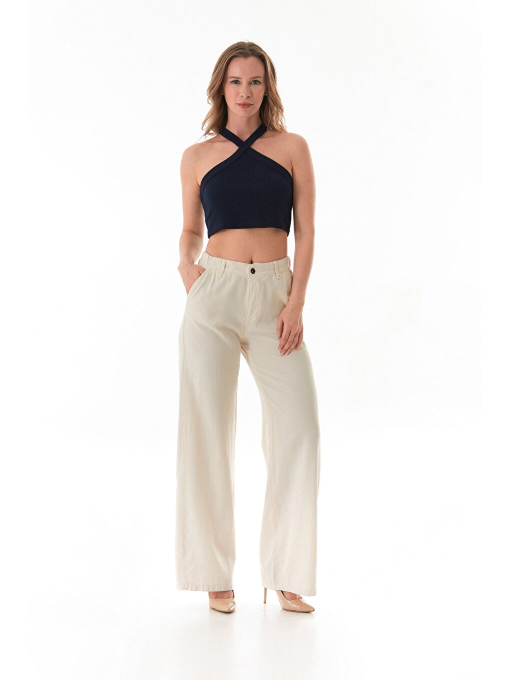 Bej Beli Lastikli Düğmeli Lyocell Kumaş Pantolon-4