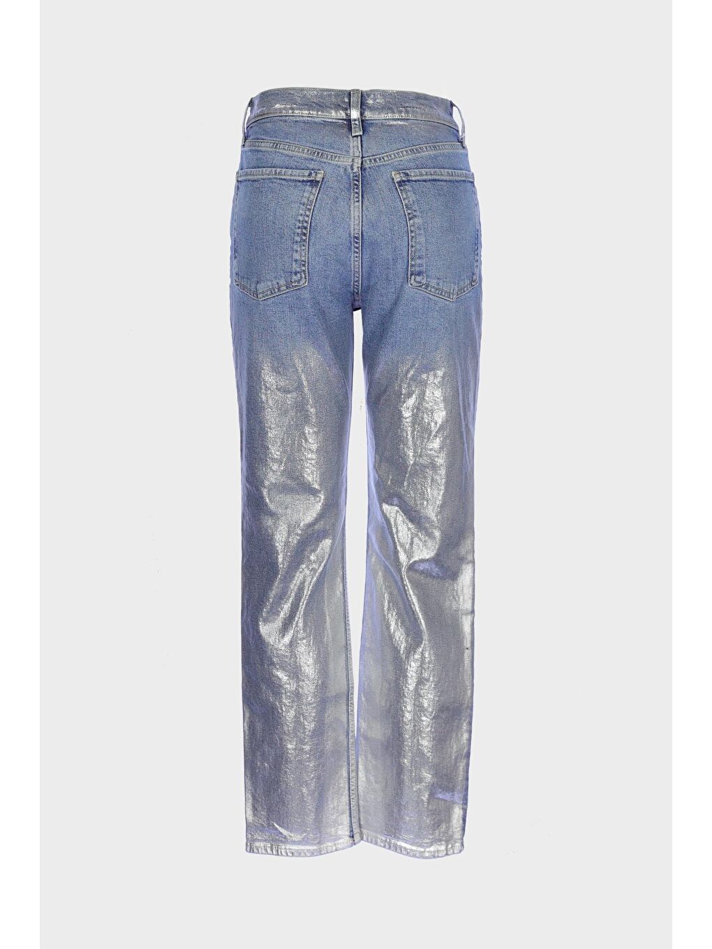 Gri Sydney Gümüş Varak Baskılı Yüksek Bel Patı Düğmeli Slim Straight Jean Pantolon C 4529-070-1