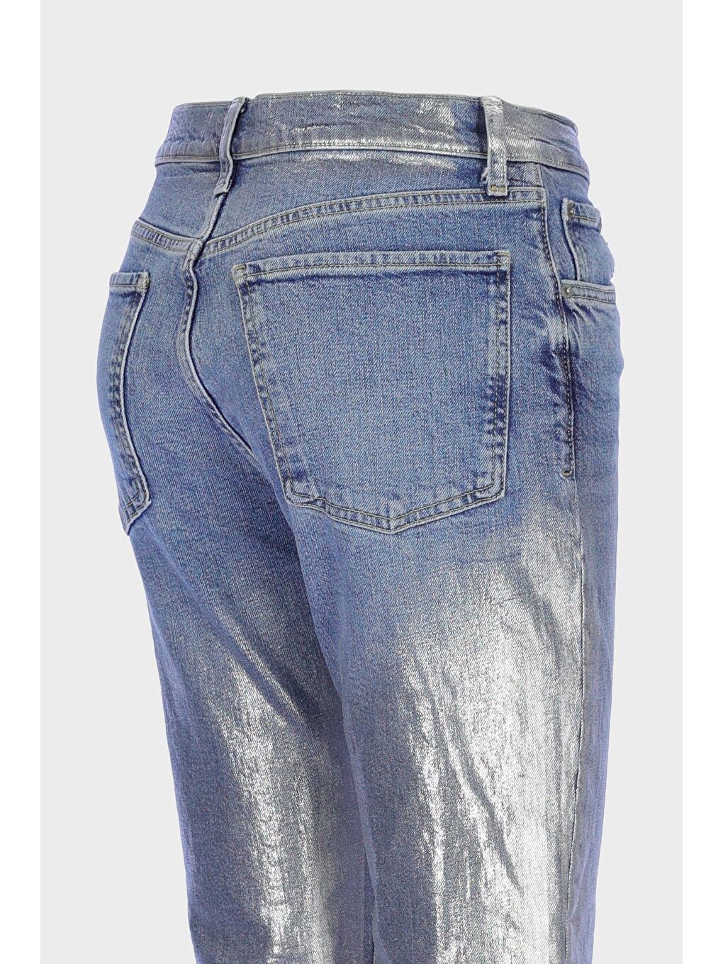 Gri Sydney Gümüş Varak Baskılı Yüksek Bel Patı Düğmeli Slim Straight Jean Pantolon C 4529-070-2