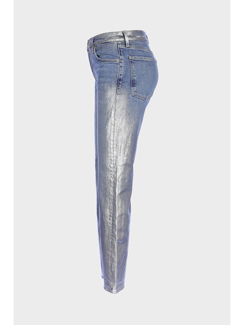 Gri Sydney Gümüş Varak Baskılı Yüksek Bel Patı Düğmeli Slim Straight Jean Pantolon C 4529-070-3