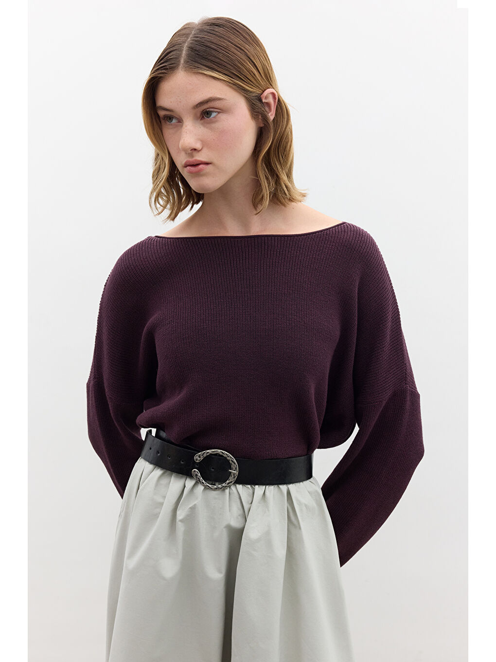 Oversize Dökümlü Pamuk Kazak Mor