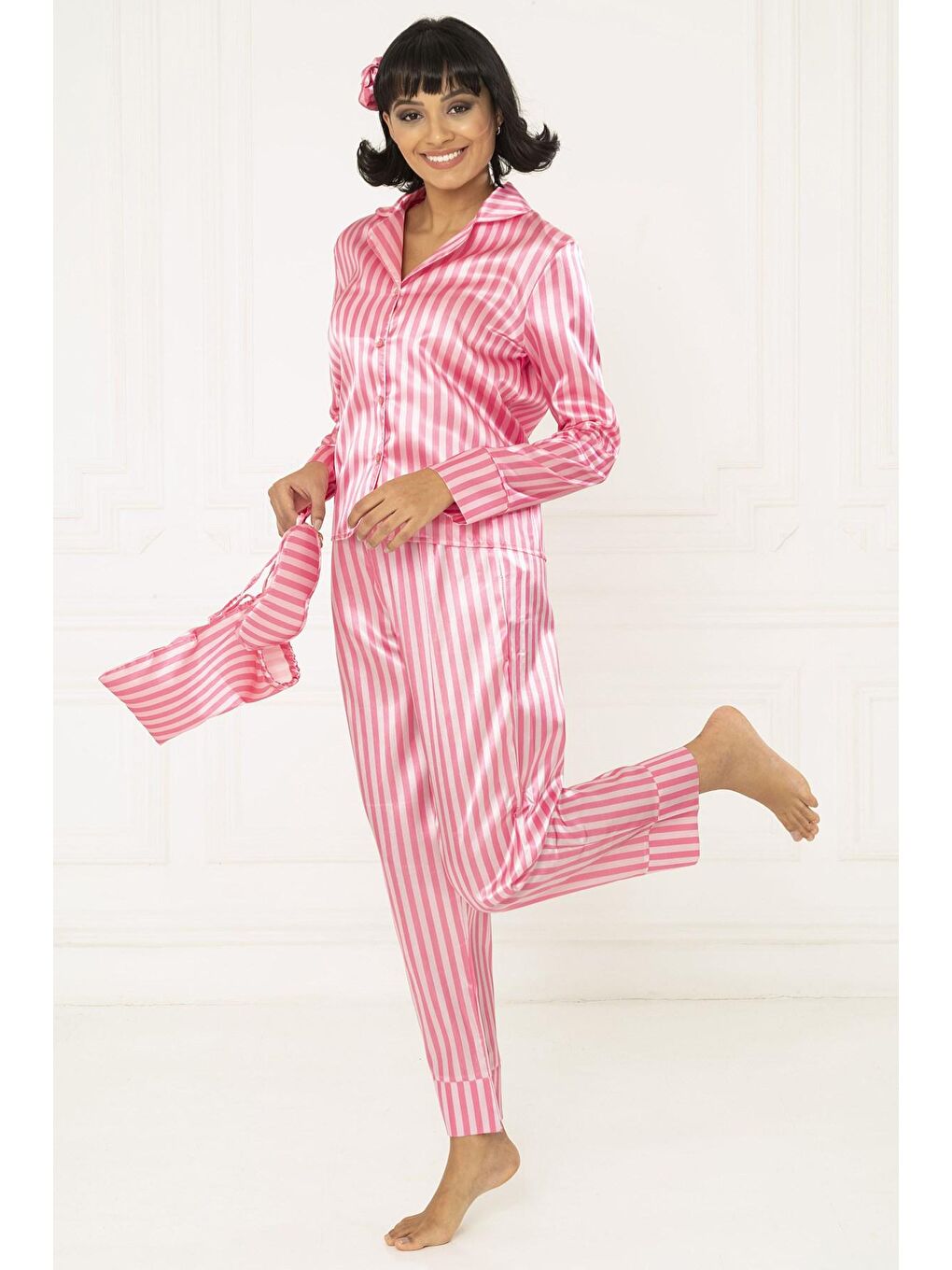 Fuşya 6'Lı Pembe Krem Çizgili Saten Pijama Takımı-3