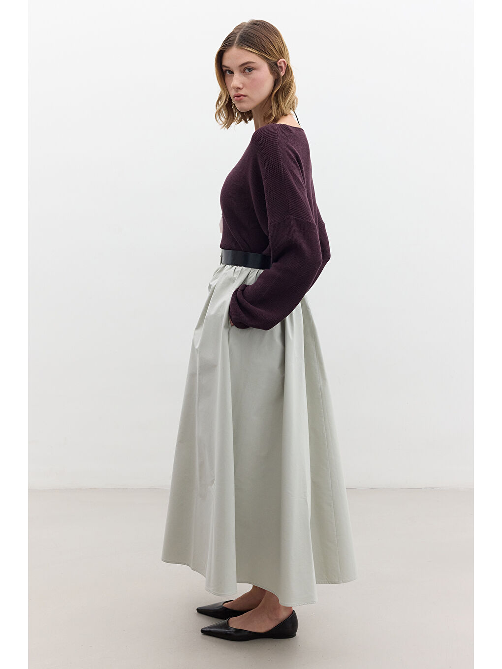 Oversize Dökümlü Pamuk Kazak Mor-4