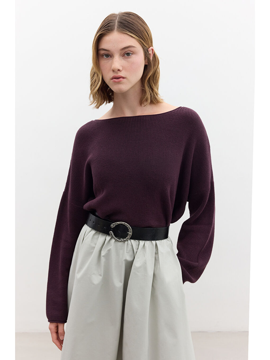 Oversize Dökümlü Pamuk Kazak Mor-5