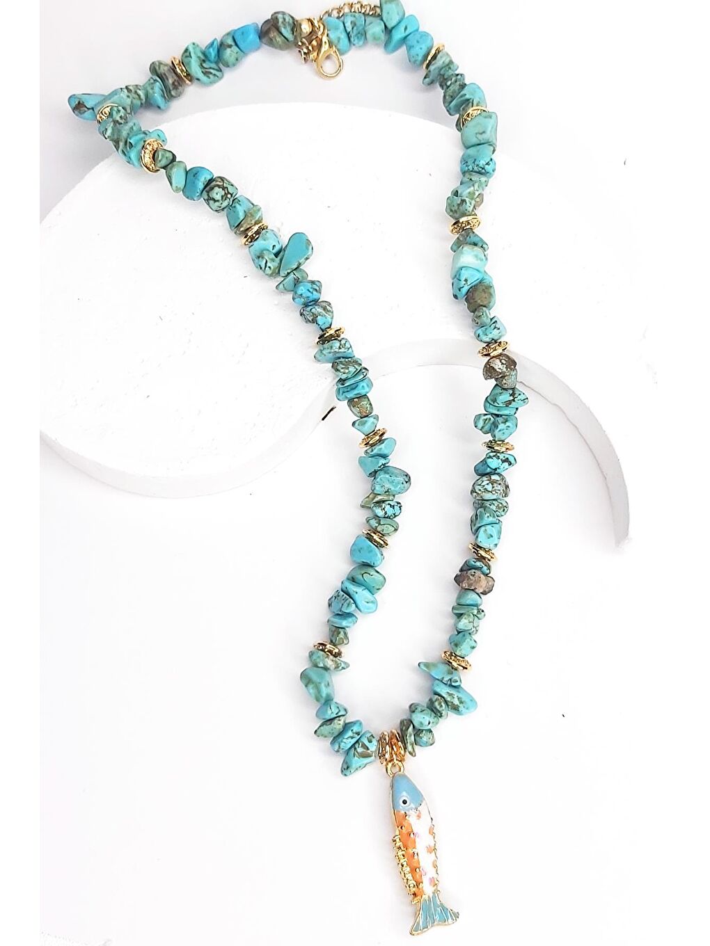 Turkuaz Çakıl Taşlı Balık Kolye