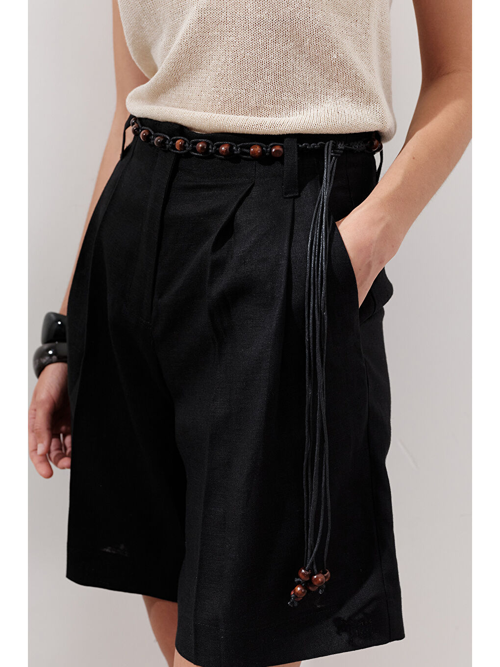 Boncuk Örgülü Kemer Kahverengi