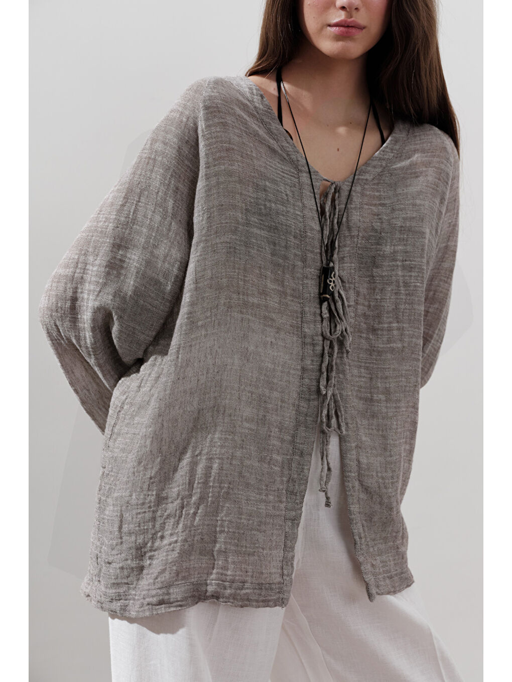 Keten Karışımlı Bağlamalı Bluz Kahverengi-1