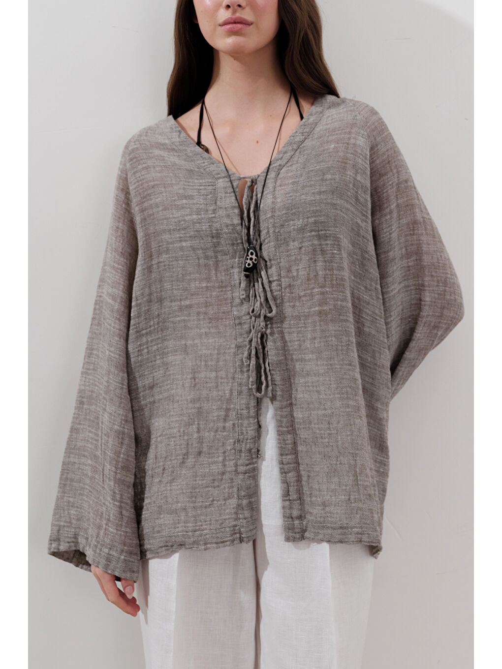 Keten Karışımlı Bağlamalı Bluz Kahverengi-3