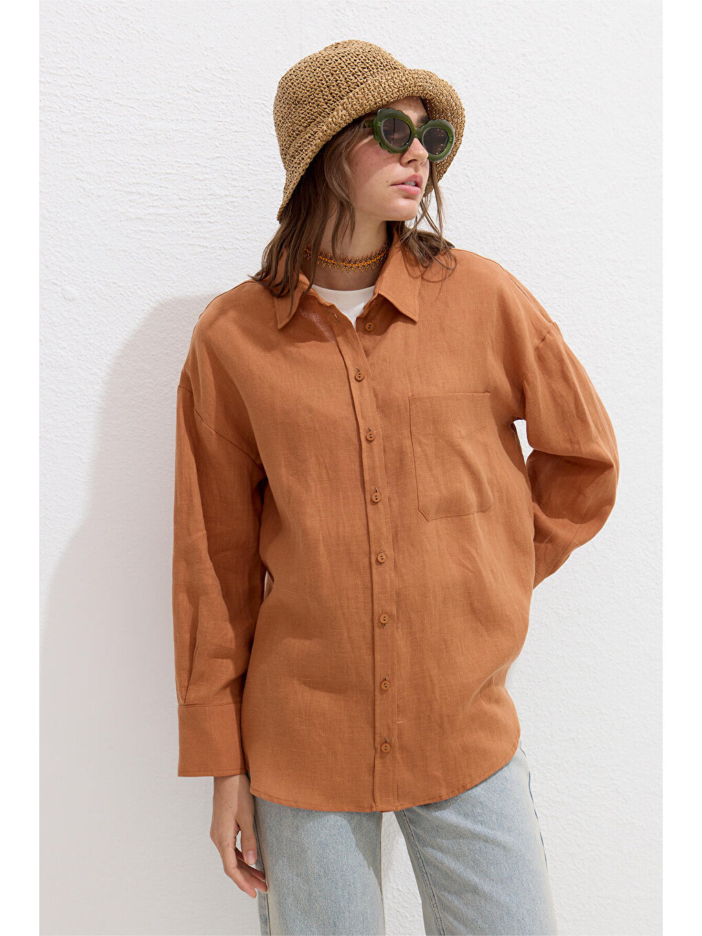 İnce Keten Oversize Gömlek Turuncu-1