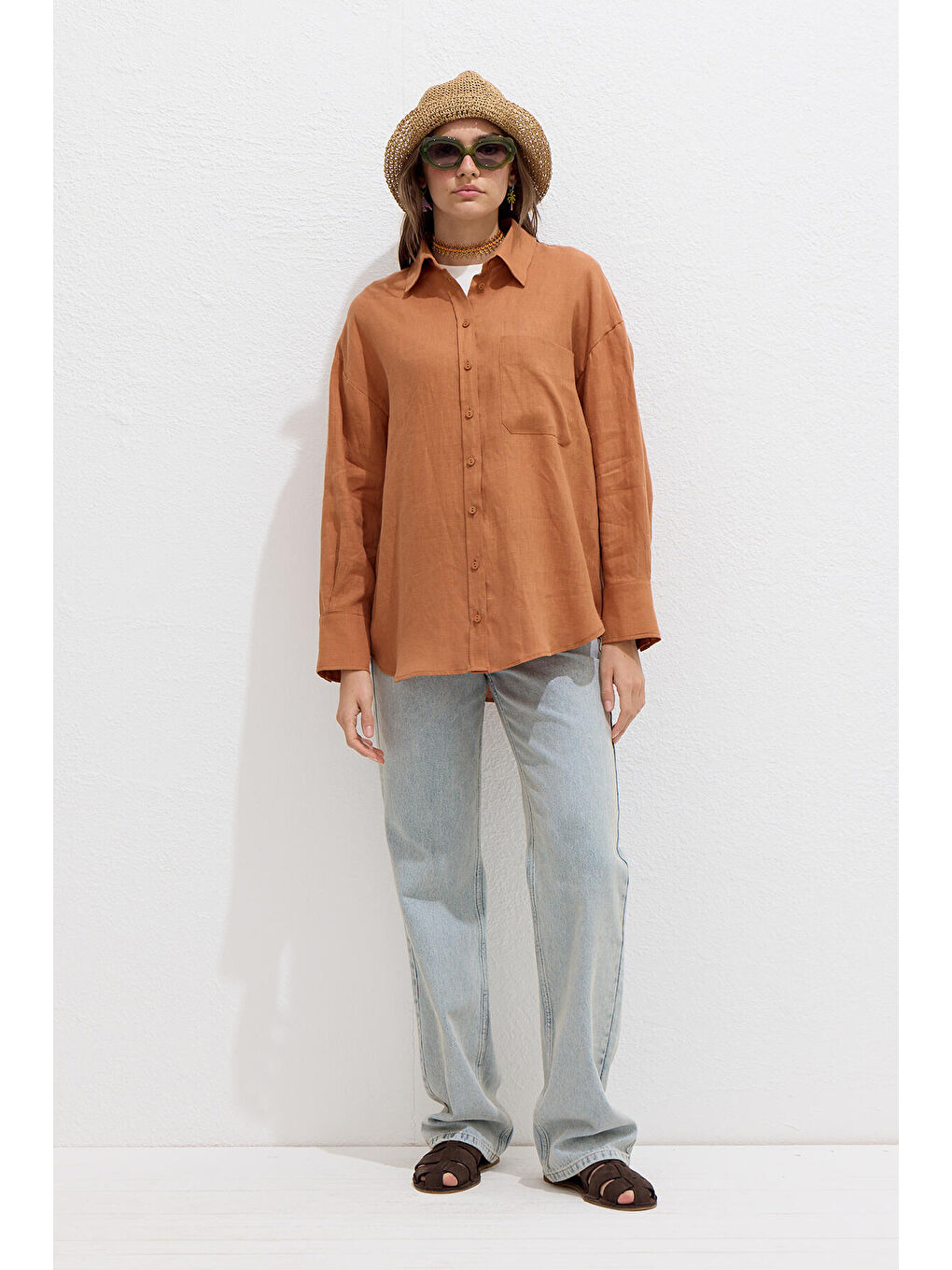 İnce Keten Oversize Gömlek Turuncu-2