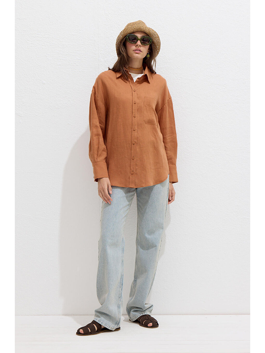 İnce Keten Oversize Gömlek Turuncu-4