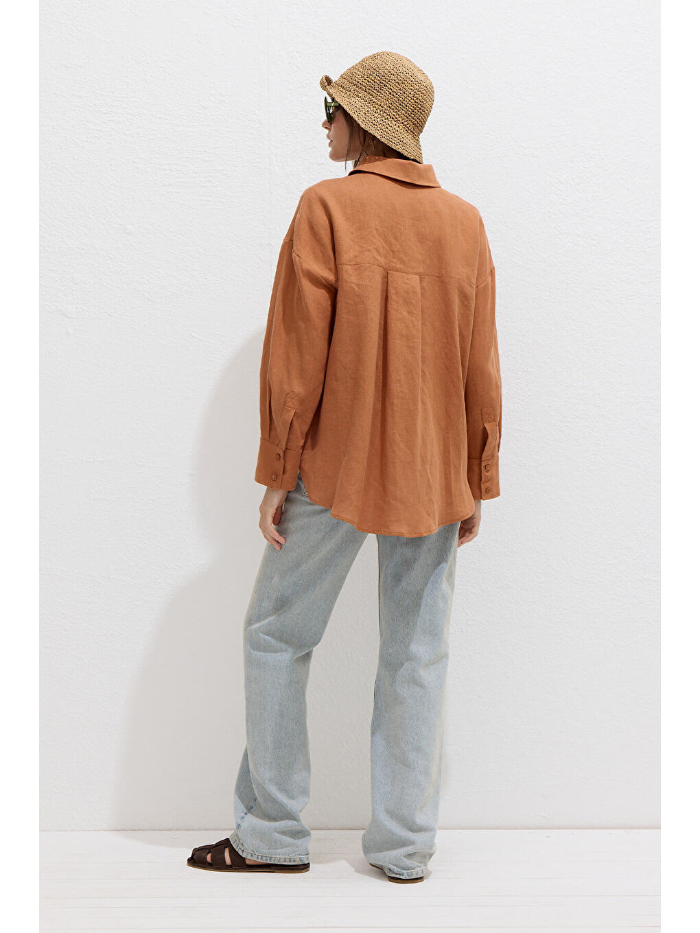 İnce Keten Oversize Gömlek Turuncu-5