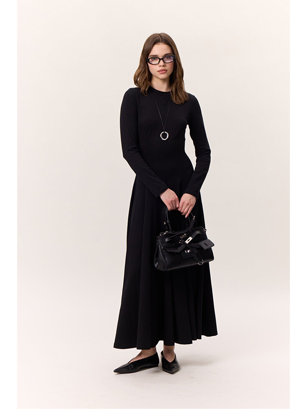 Kuplu Uzun Kollu Elbise Siyah-1