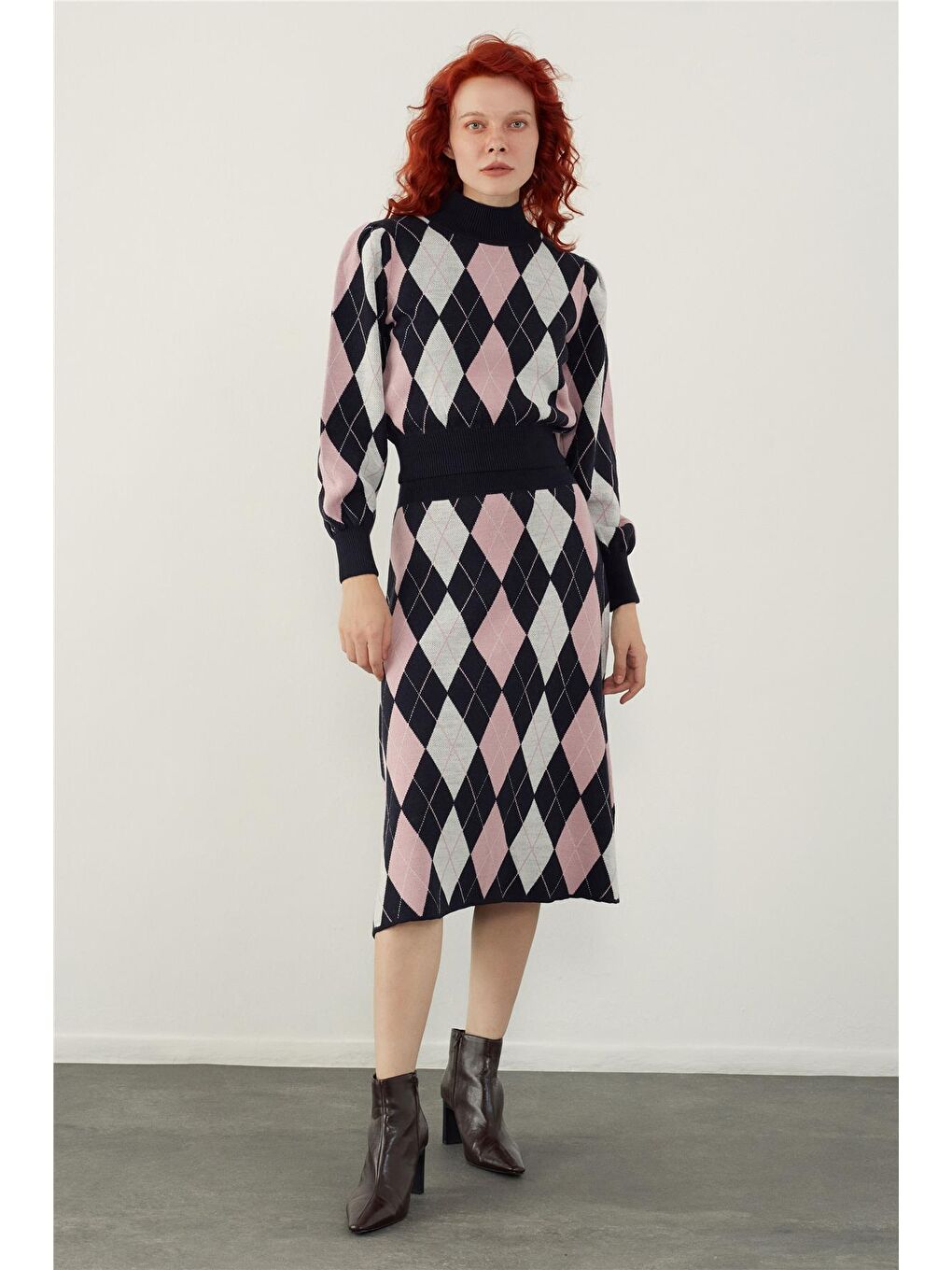 Lacivert Baklava Desenli Kazak Etek Triko Takım-1