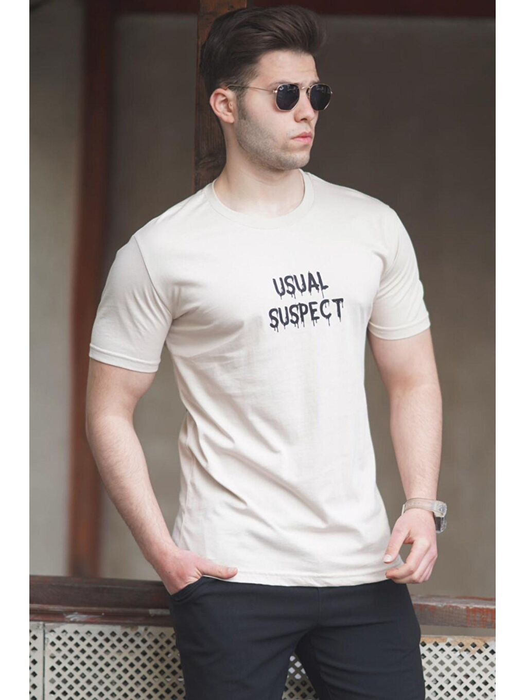 Bej Erkek Baskılı Tişört 5275