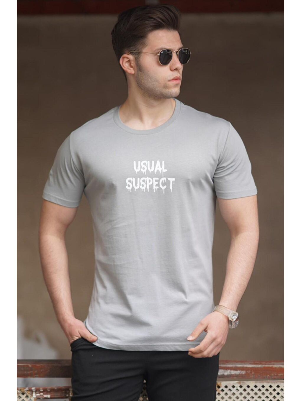 Gri Erkek Baskılı Tişört 5275