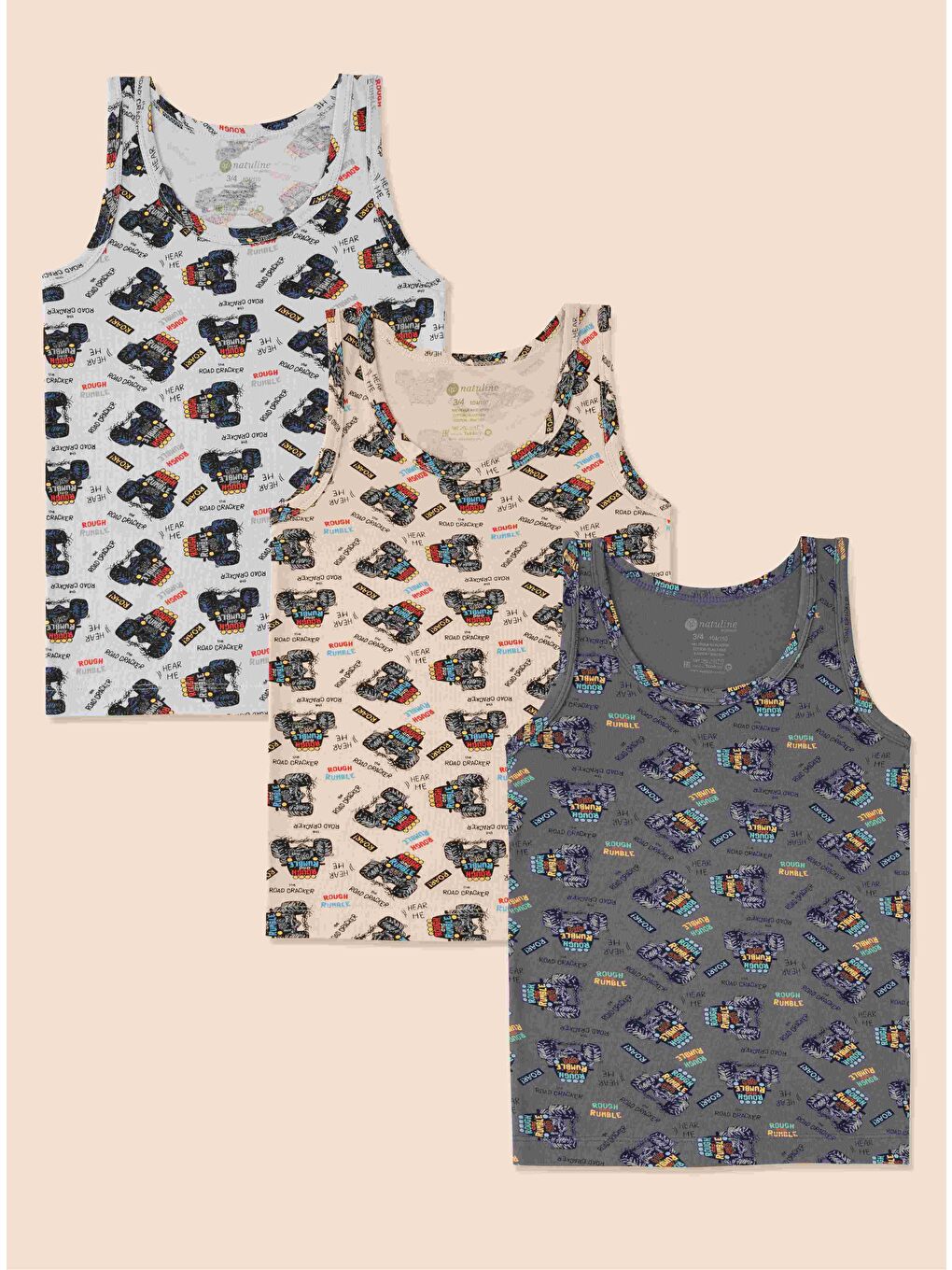 Ekru Erkek Çocuk Organik Pamuklu Elastanlı Atlet Araba Empirme 3 lü Paket-1