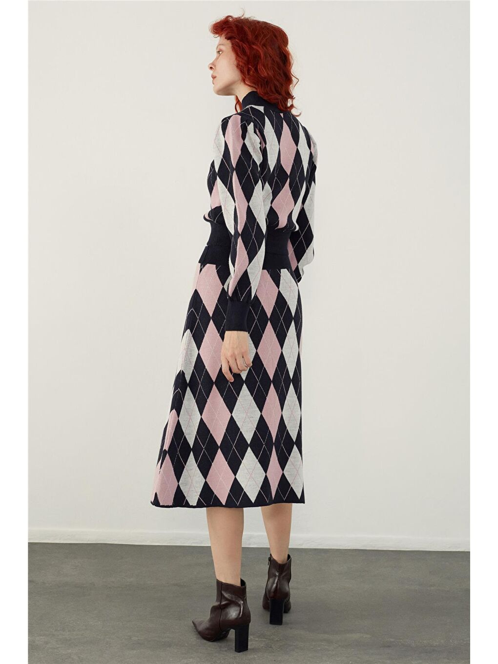 Lacivert Baklava Desenli Kazak Etek Triko Takım-4