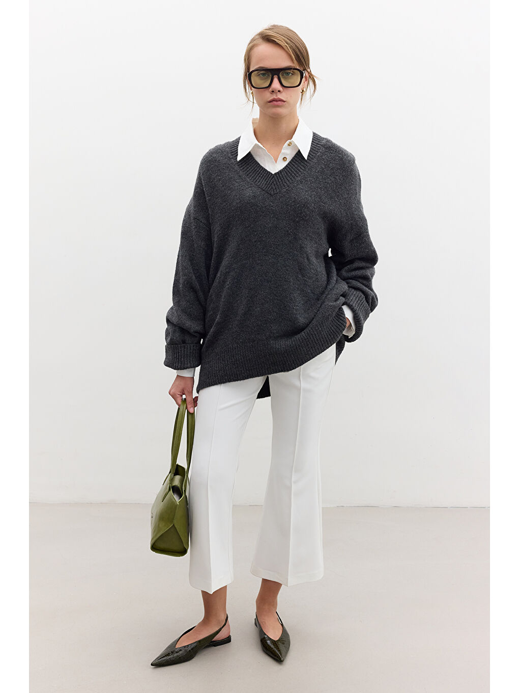 Düz Örgü V Yaka Triko Kazak Antrasit-1