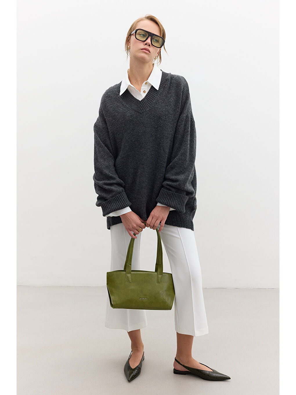 Düz Örgü V Yaka Triko Kazak Antrasit-2