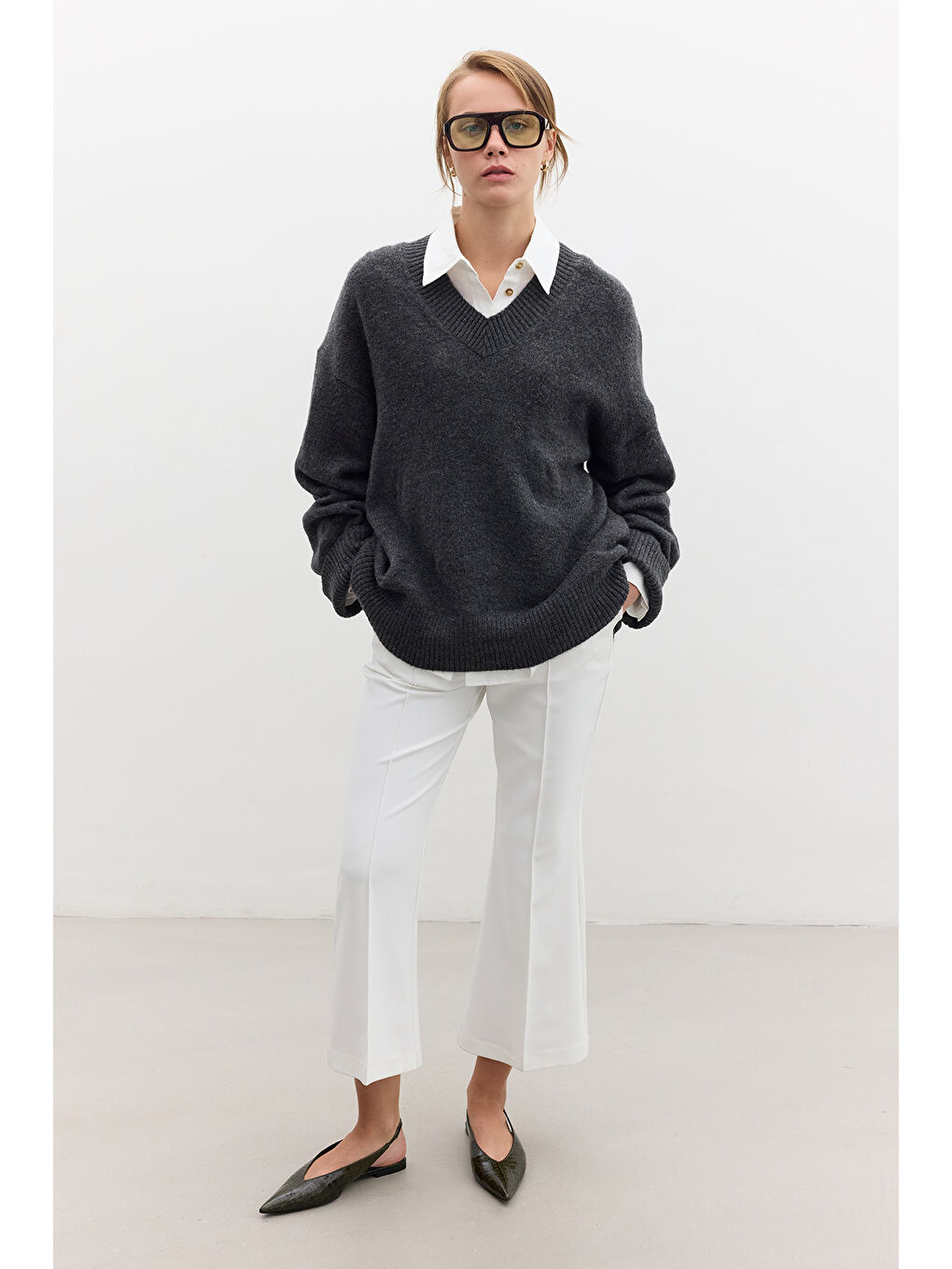 Düz Örgü V Yaka Triko Kazak Antrasit-4
