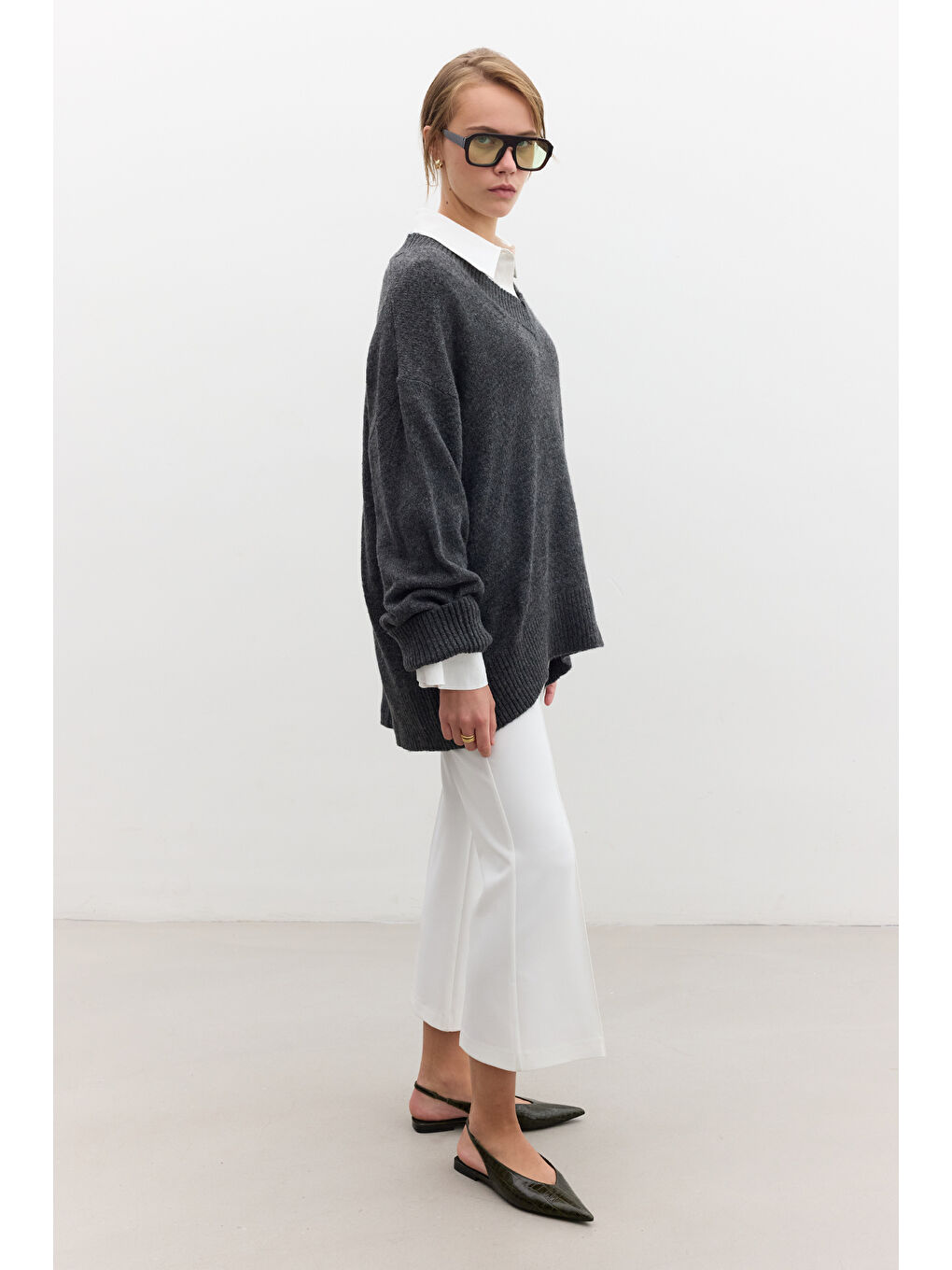 Düz Örgü V Yaka Triko Kazak Antrasit-5