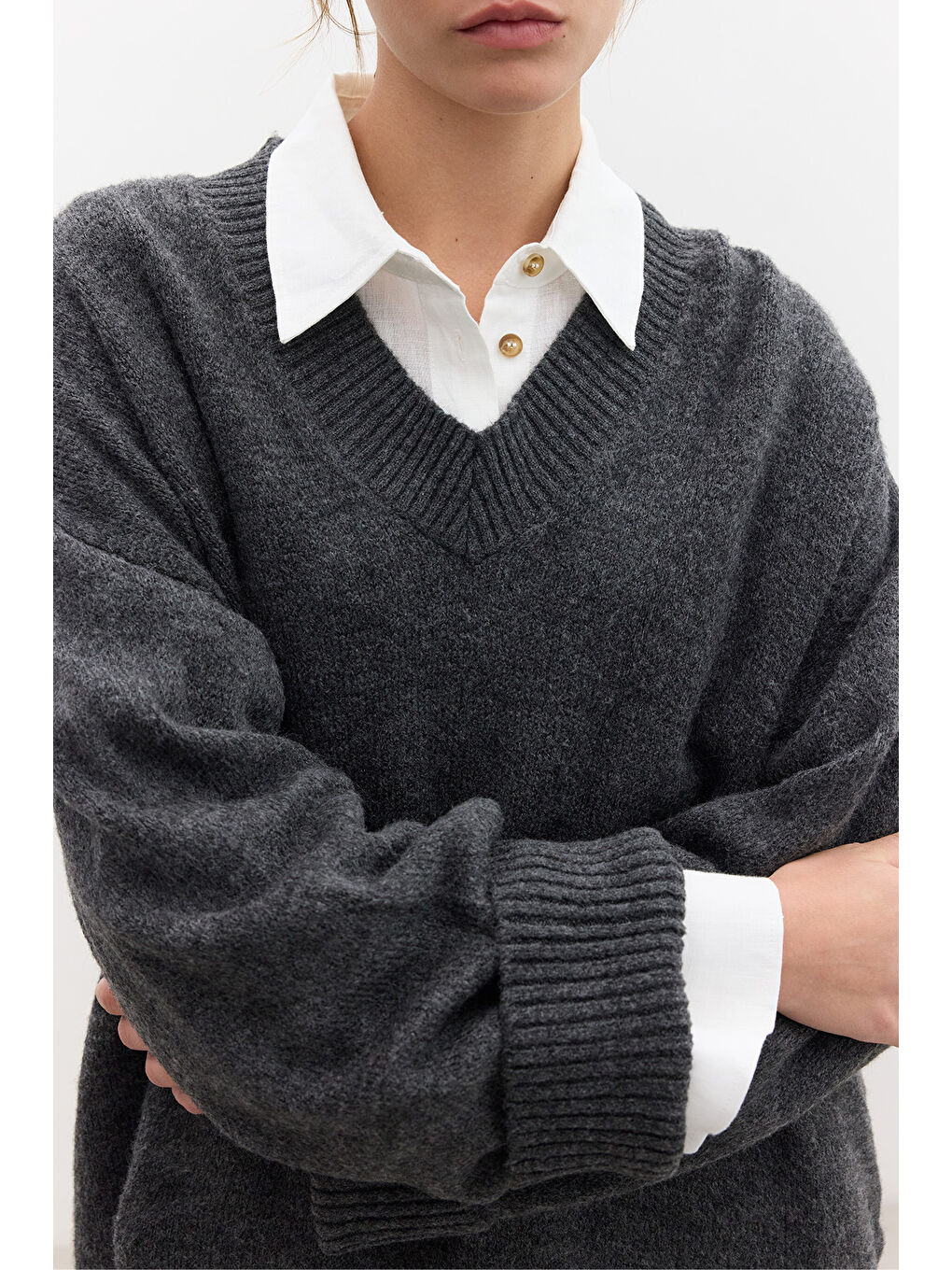 Düz Örgü V Yaka Triko Kazak Antrasit-6