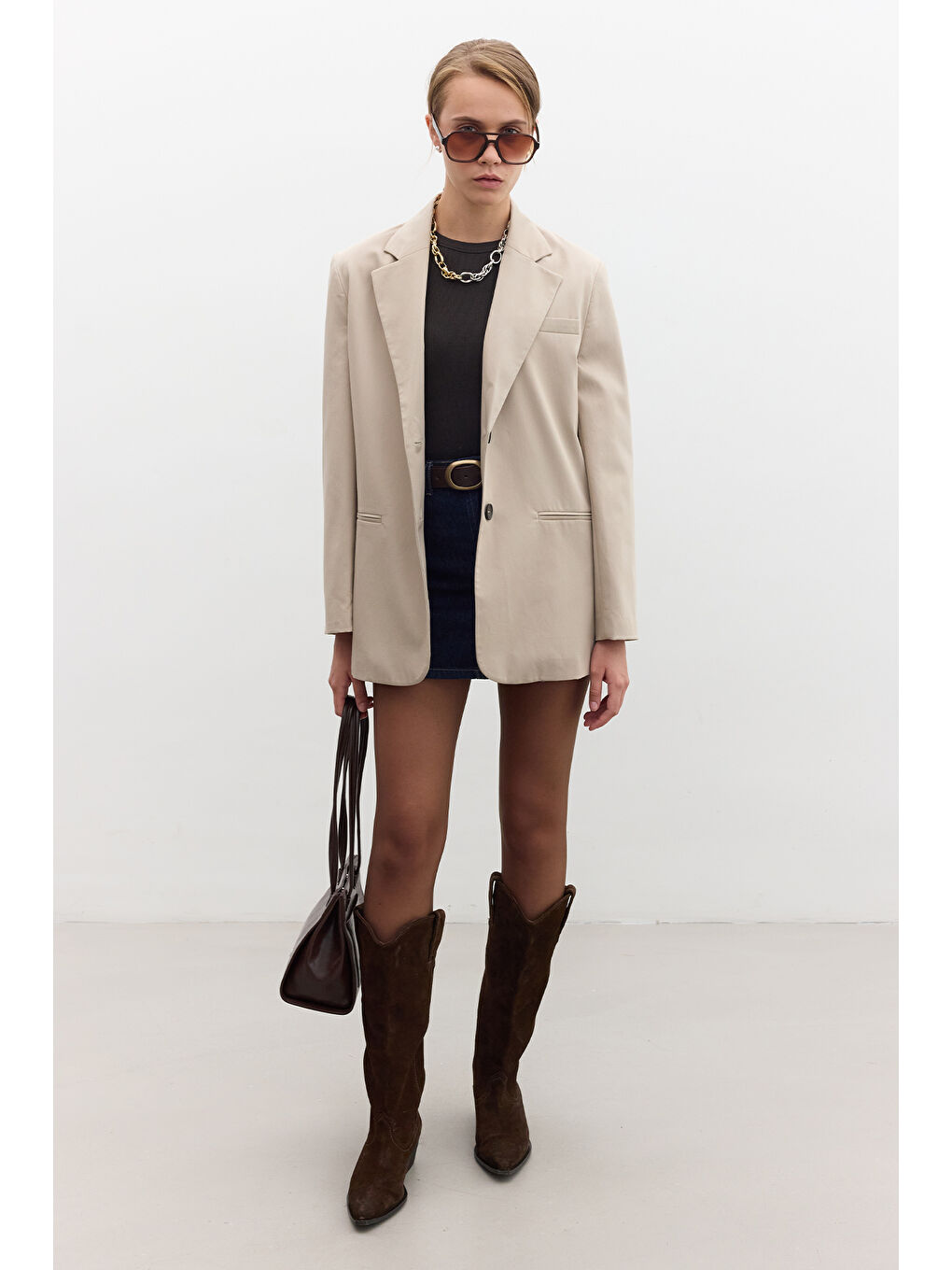 Bej Klasik Kapamalı Blazer Ceket Taş-1