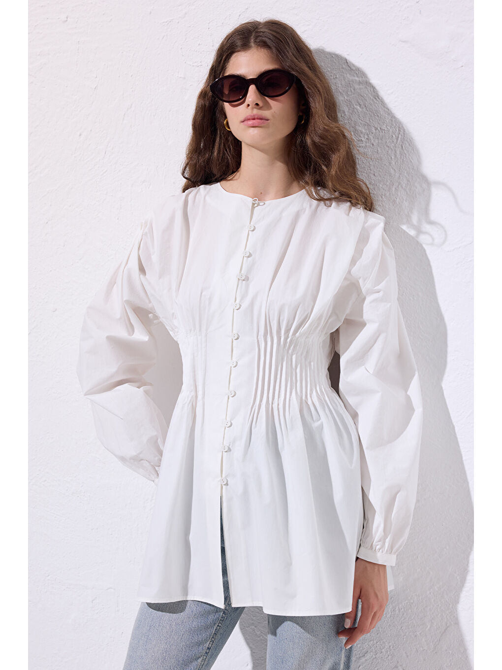 Beli Pile Detaylı Uzun Kol Bluz Ekru-1