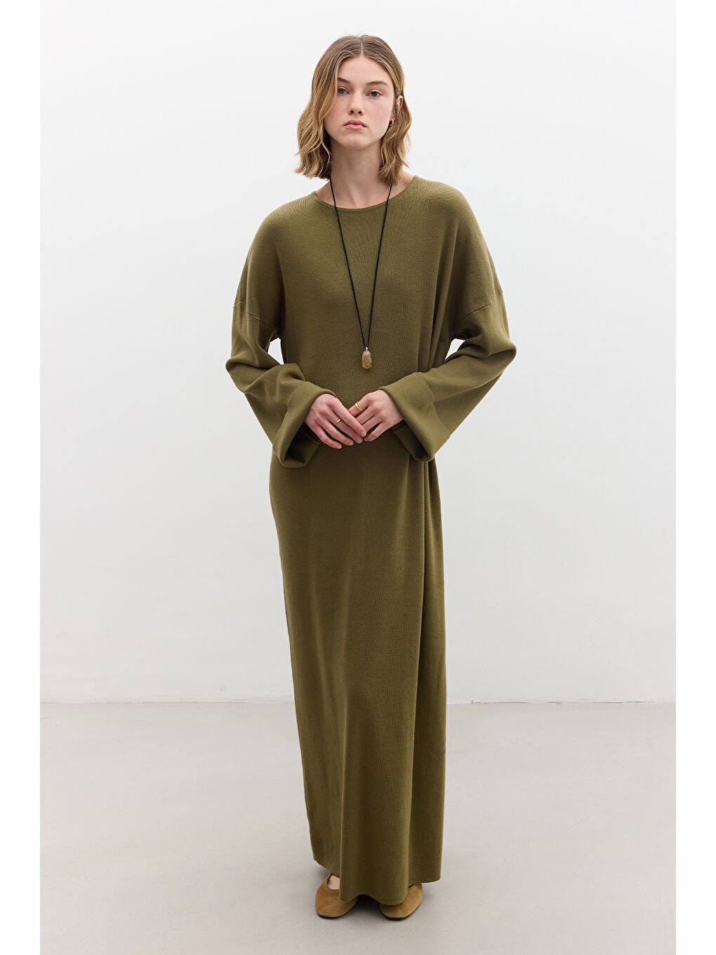 Triko Bağlamalı Elbise Yeşil-1