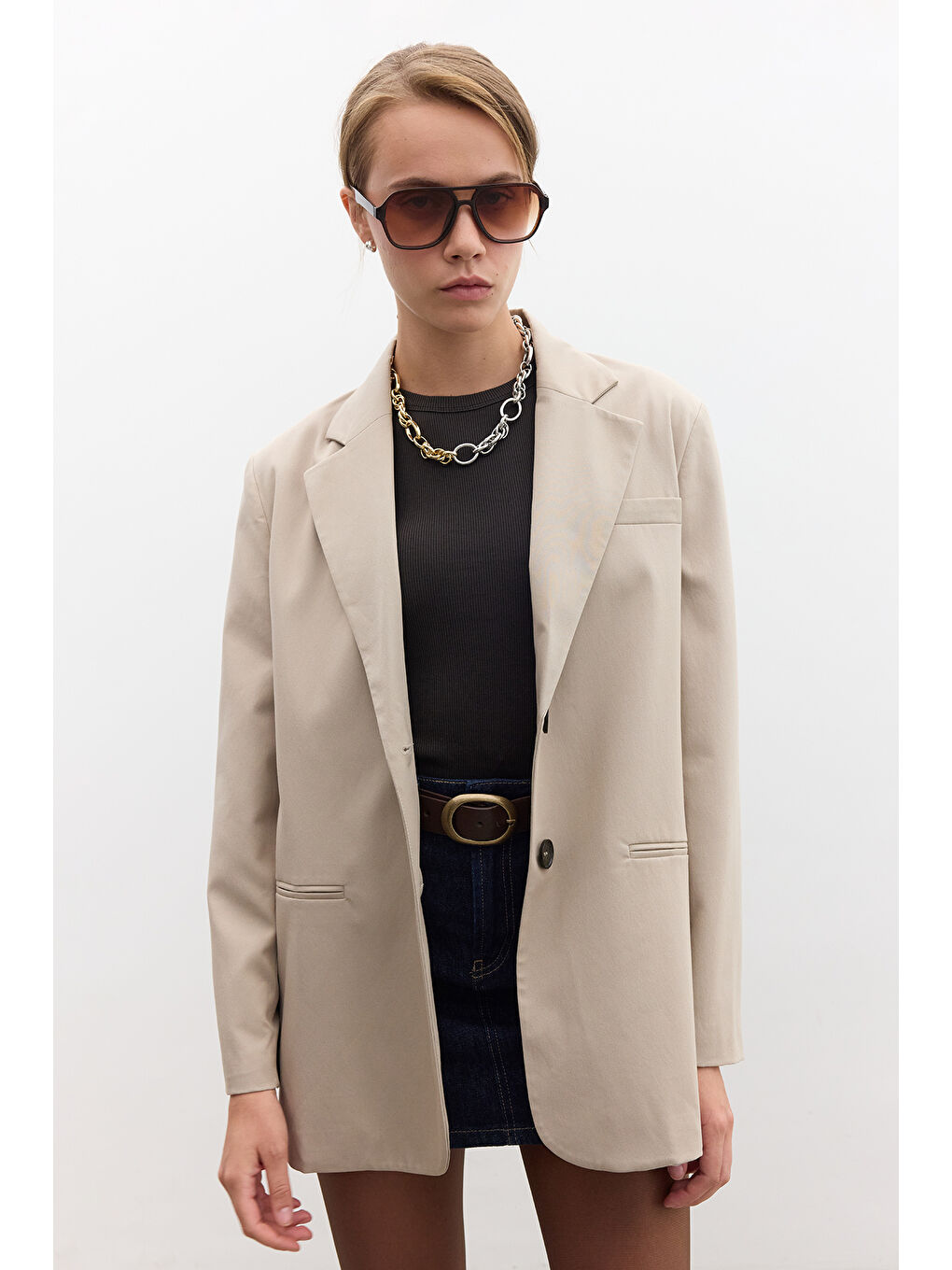 Bej Klasik Kapamalı Blazer Ceket Taş-3