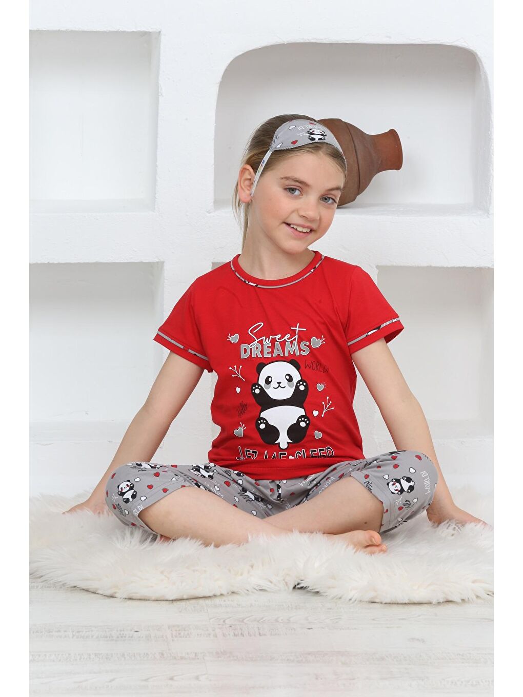 Kapi Kids Narçiçeği Kız Çocuk Uyku Bantlı-Kaprili-Panda Baskılı Pijama Takımı 3-15 Yaş 6112-14