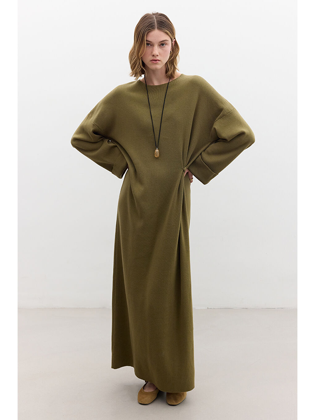 Triko Bağlamalı Elbise Yeşil-2