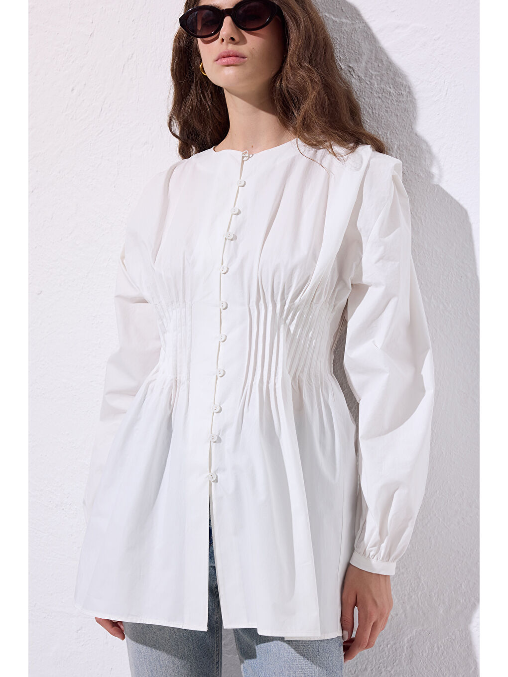 Beli Pile Detaylı Uzun Kol Bluz Ekru-3