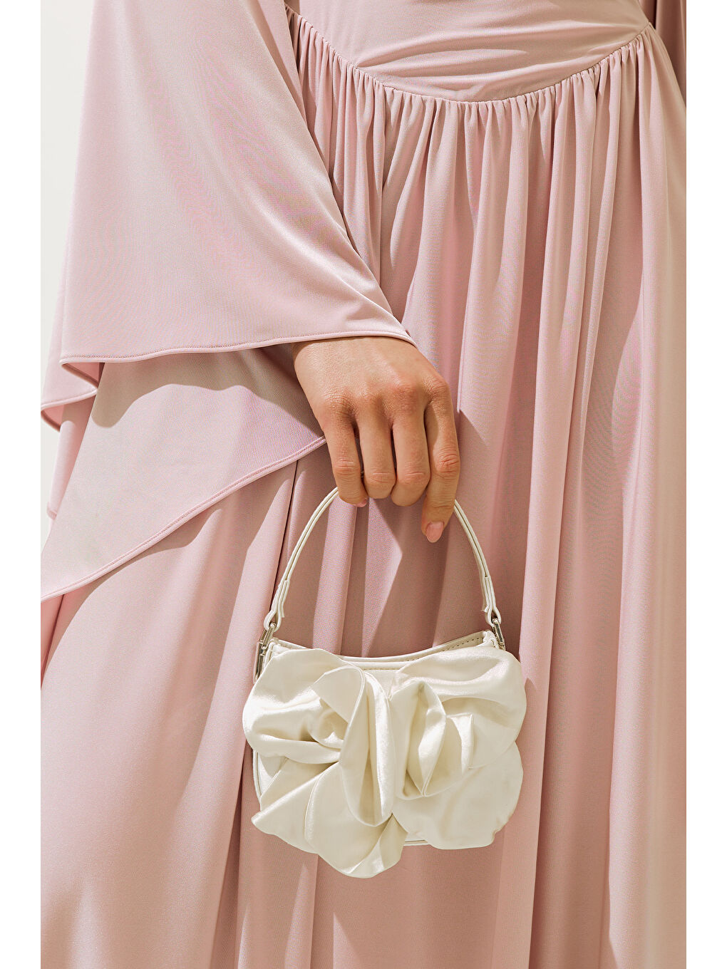 Çiçekli Saten Abiye Mini Çanta Ekru-1