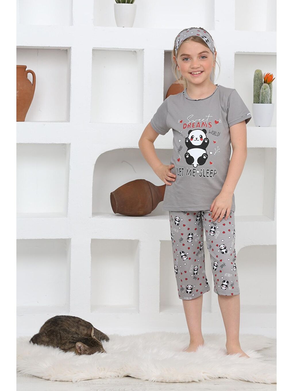 Kapi Kids Gri Kız Çocuk Uyku Bantlı Kaprili Panda Baskılı Pijama Takımı 3-15 Yaş 6112-14