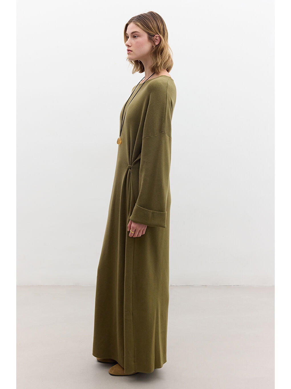 Triko Bağlamalı Elbise Yeşil-3