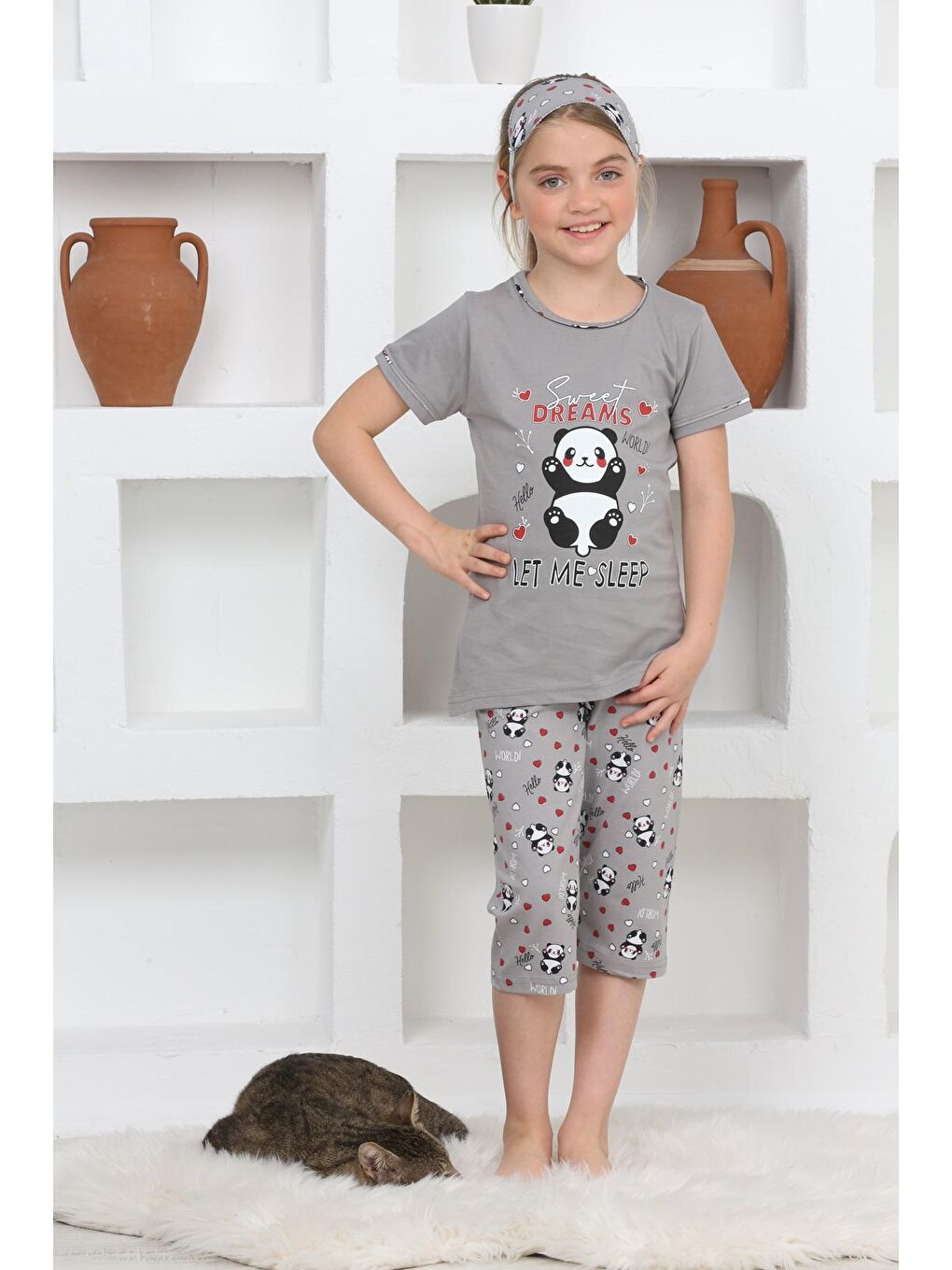 Kapi Kids Gri Kız Çocuk Uyku Bantlı Kaprili Panda Baskılı Pijama Takımı 3-15 Yaş 6112-14 - 1