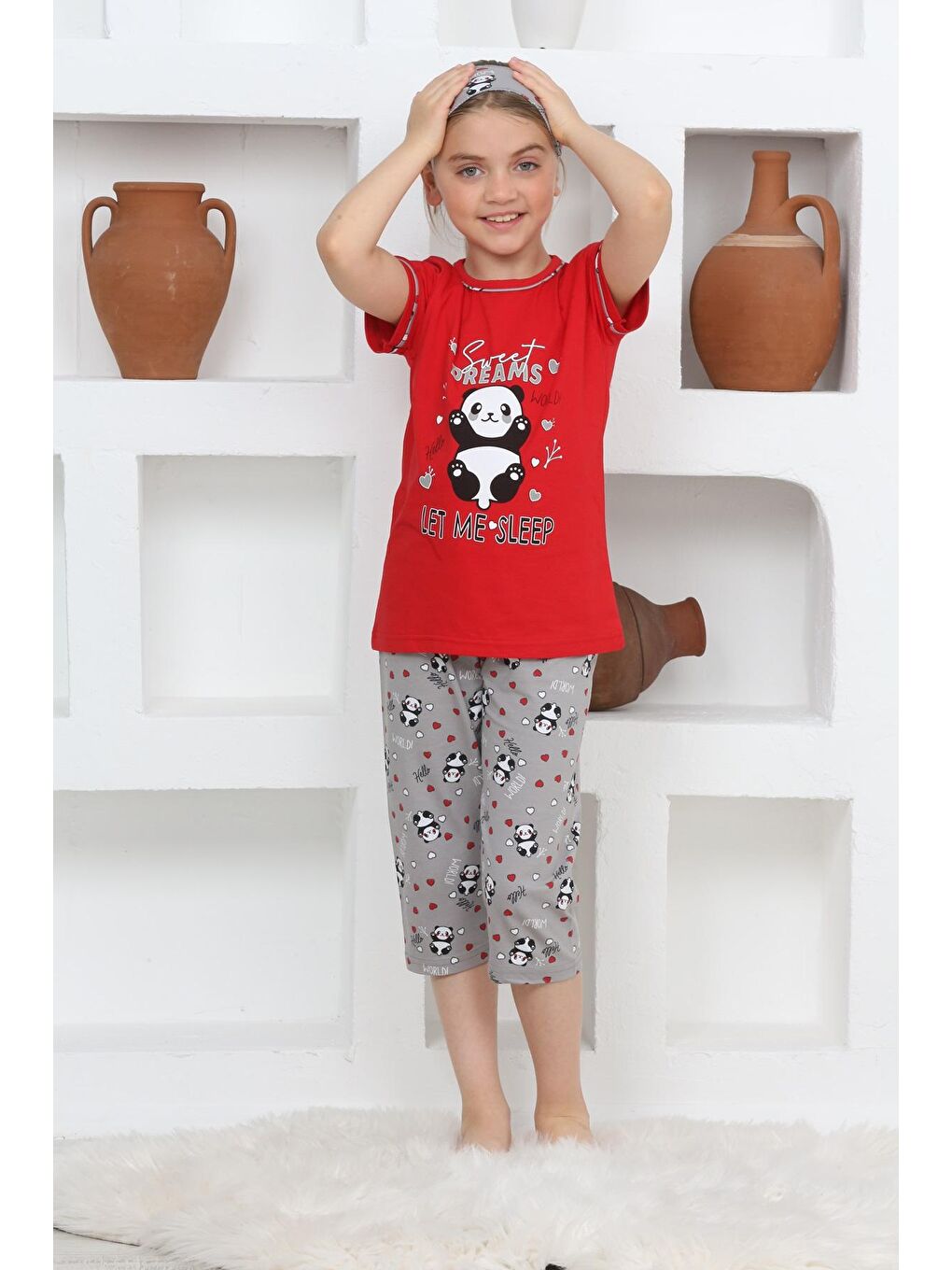 Kapi Kids Narçiçeği Kız Çocuk Uyku Bantlı-Kaprili-Panda Baskılı Pijama Takımı 3-15 Yaş 6112-14 - 4