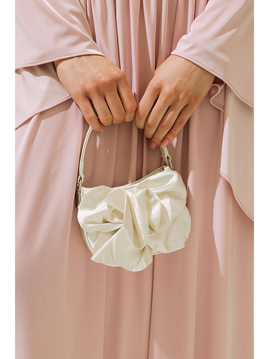 Çiçekli Saten Abiye Mini Çanta Ekru-2