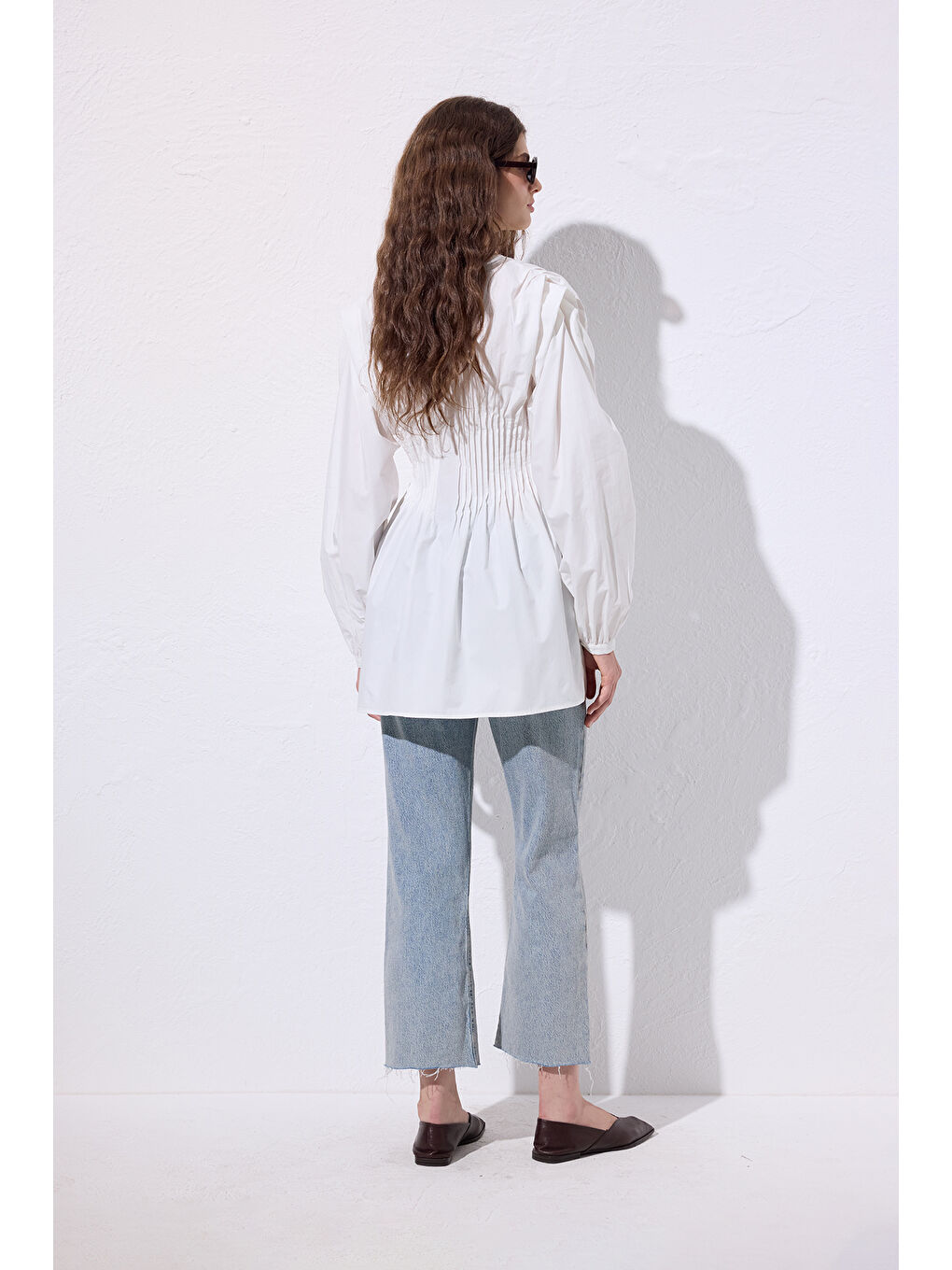 Beli Pile Detaylı Uzun Kol Bluz Ekru-4