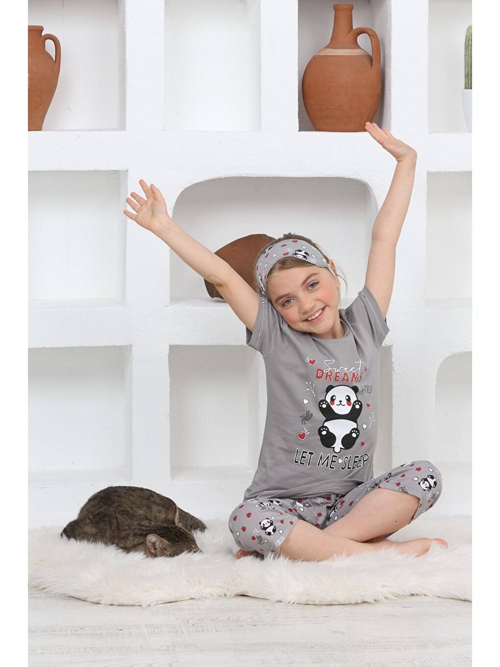 Kapi Kids Gri Kız Çocuk Uyku Bantlı Kaprili Panda Baskılı Pijama Takımı 3-15 Yaş 6112-14 - 2