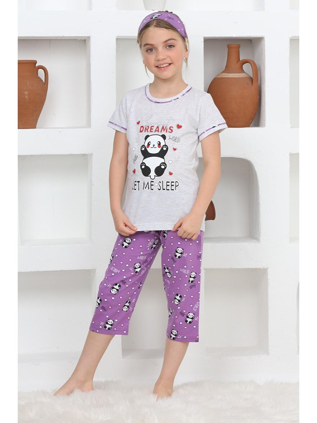 Kapi Kids Gri Melanj Kız Çocuk Uyku Bantlı Kaprili Panda Baskılı Pijama Takımı 3-15 Yaş 6112-14