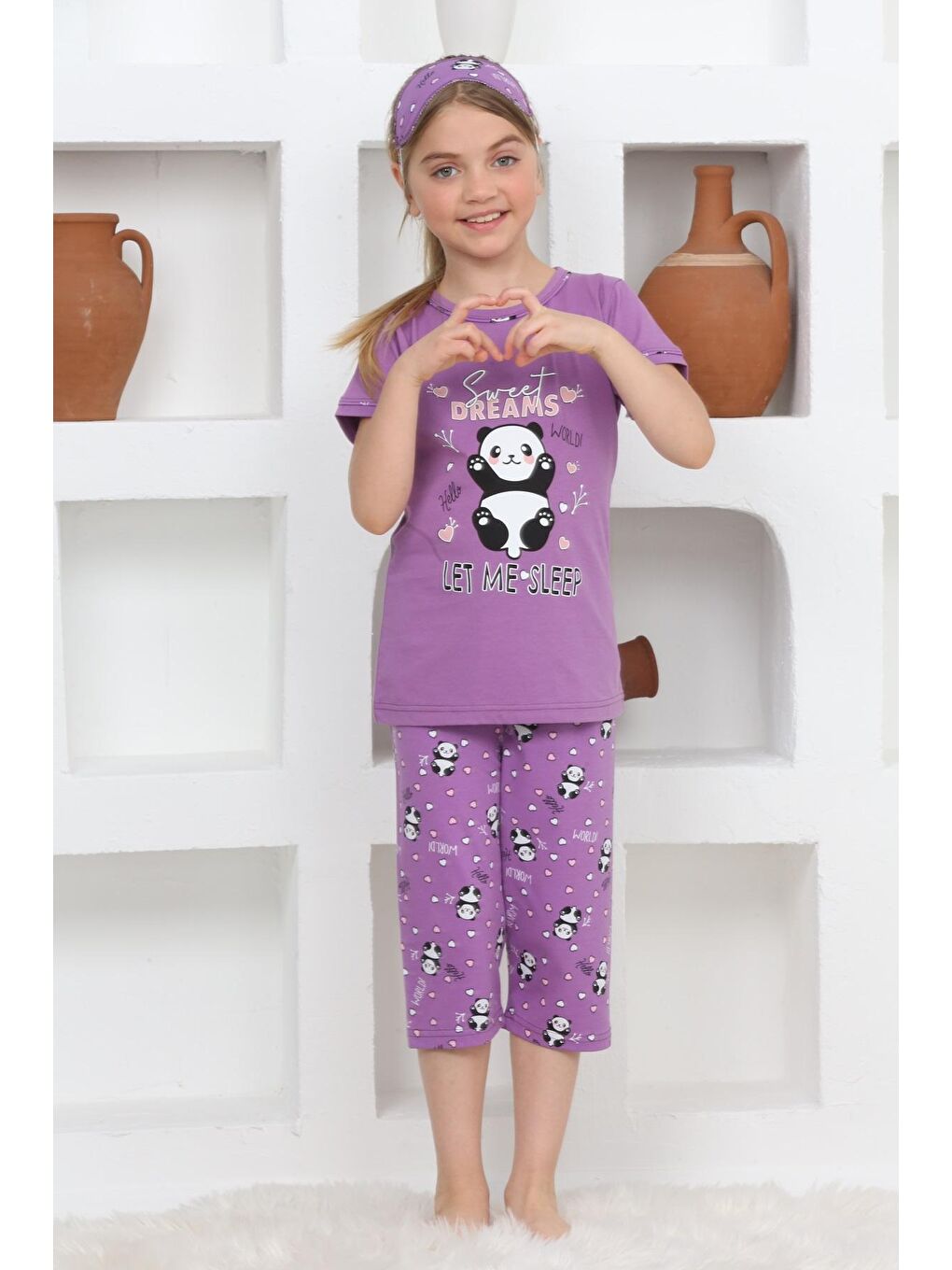 Kapi Kids Mor Kız Çocuk Uyku Bantlı Kaprili Panda Baskılı Pijama Takımı 3-15 Yaş 6112-14